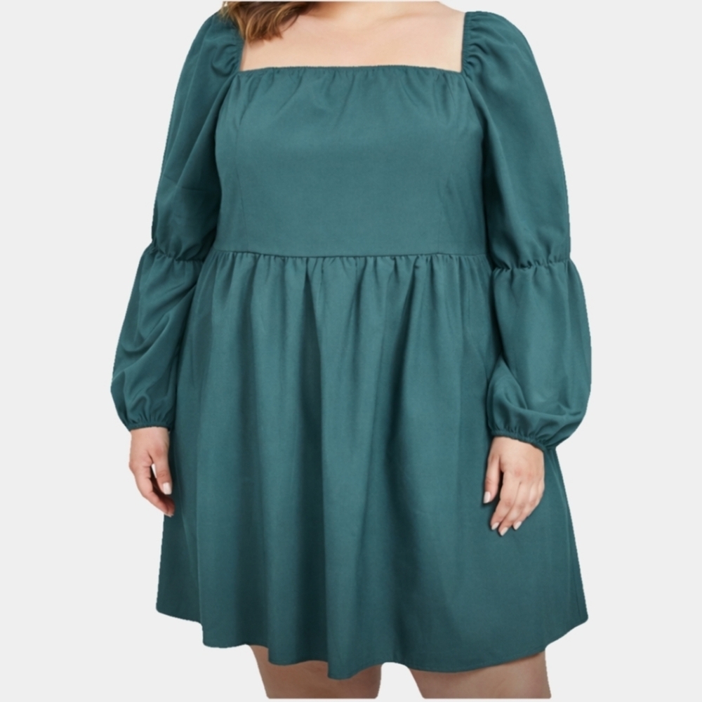 Exlura Square Neck Long Puffed Sleeve Emerald Green Mini Dress Size XXL